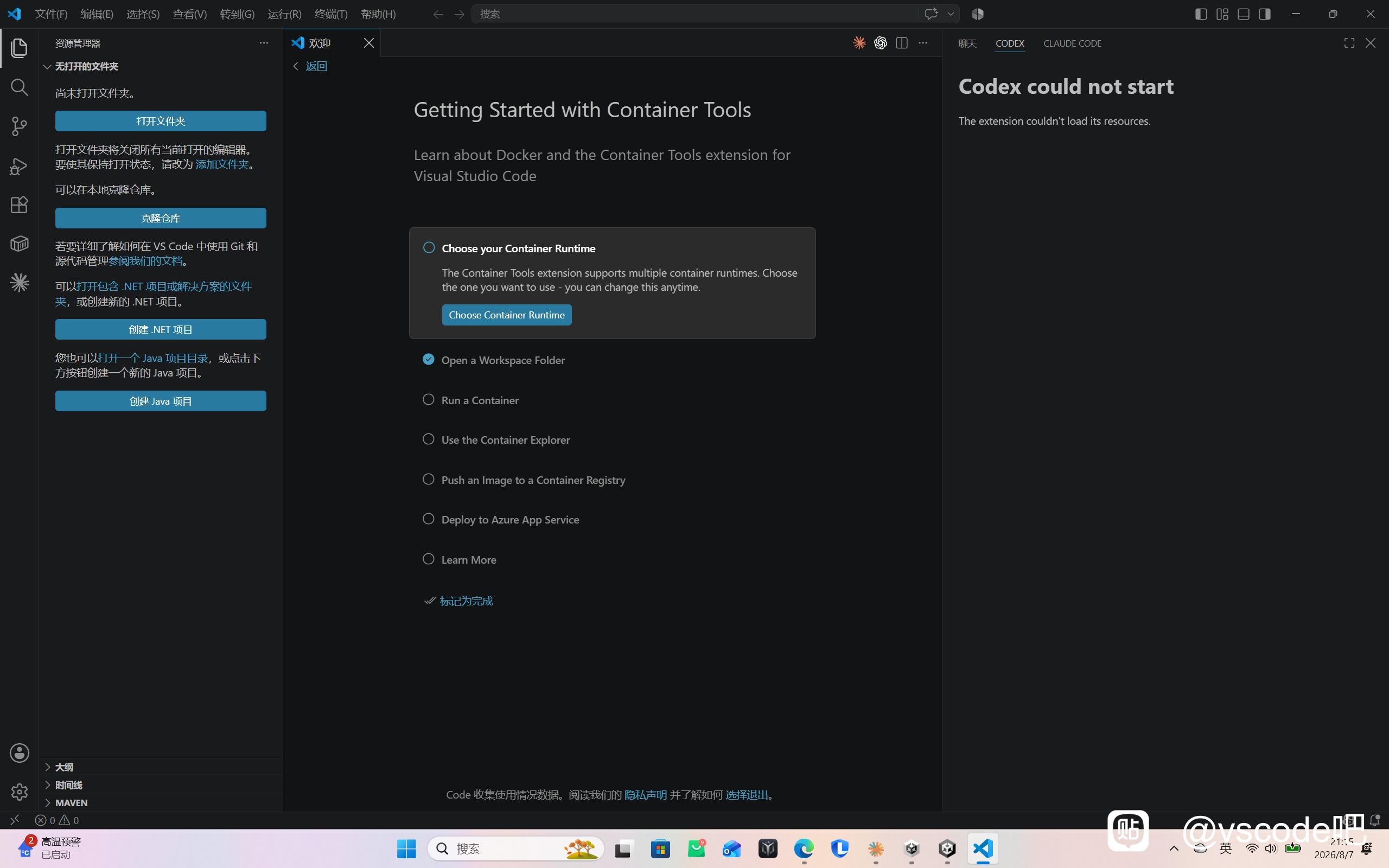 codex启动失败 Codex could not start The extension couldn't load its resources.